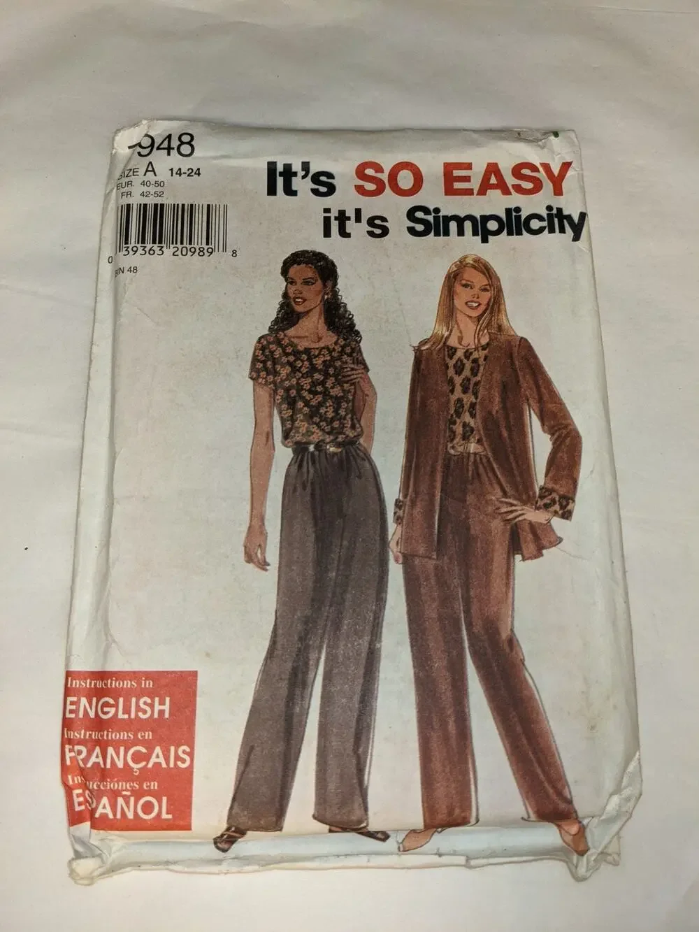Vintage Pattern Sewing Crafts Simplicity 7948 90s Size A 14-24 French Spanish